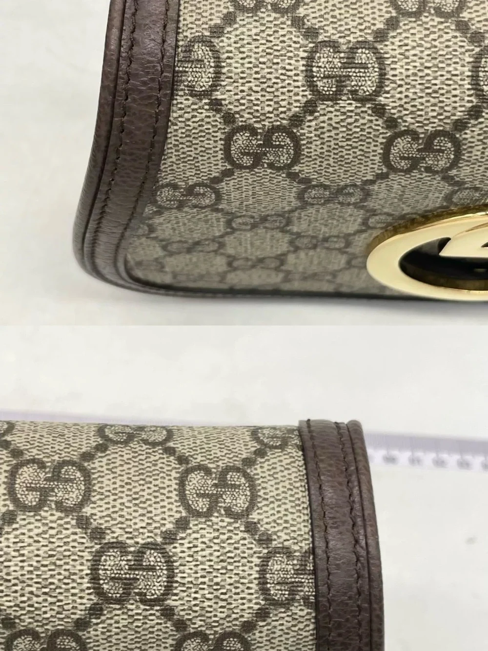 Gucci Beige GG Canvas and Brown Trim Crossbody with Gold Logo